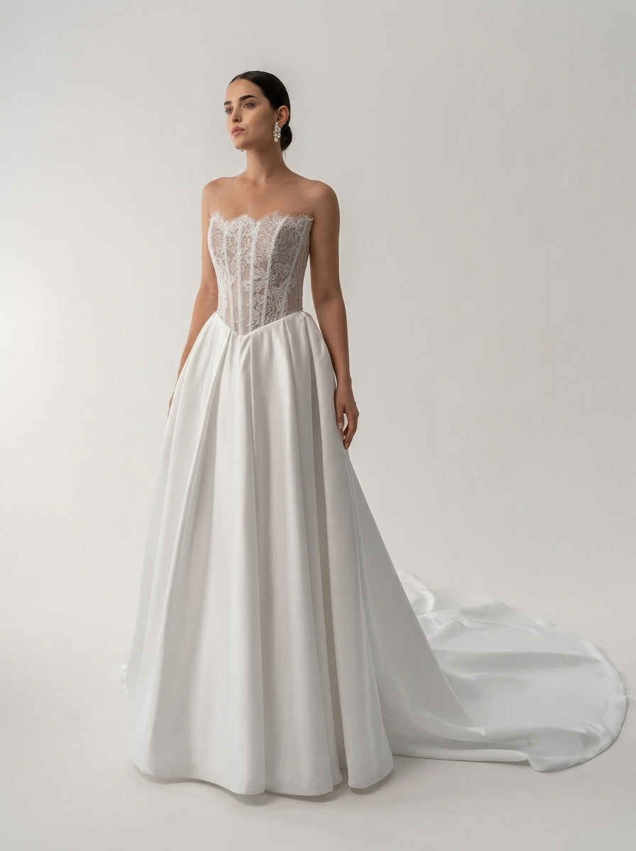 Satin & Lace Wedding Dress Evelyn with Cathedral Train | Ball Gown Classy Wedding Dress