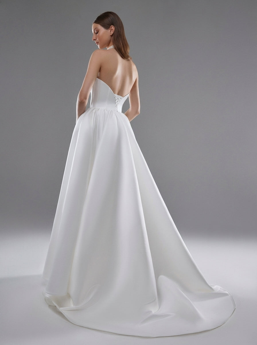Strapless White Satin Debutante Ball Gown with train - Olvia