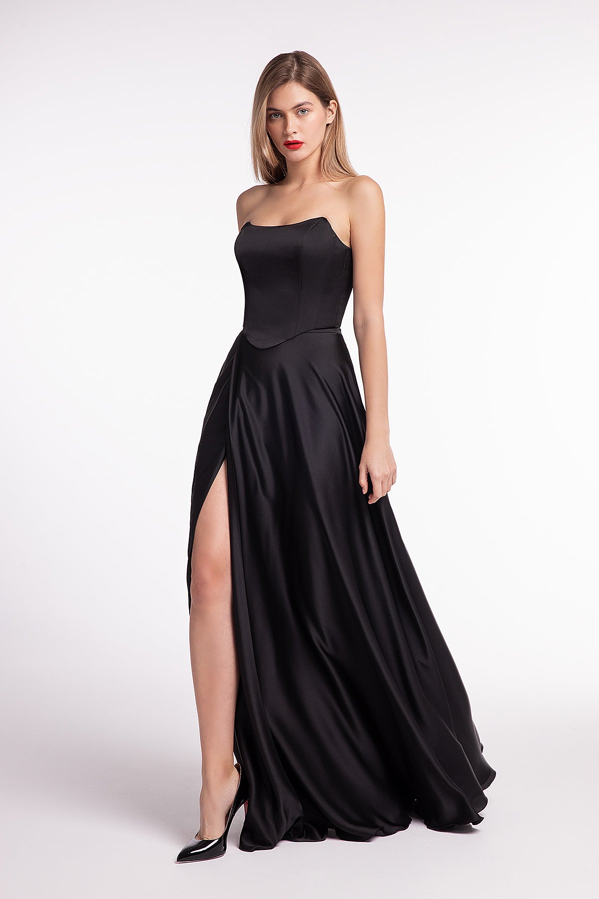 Strapless Black Satin Corset Gown with Silk Skirt Madeleine Custom (0-12 US, 32-44 EU) / Black