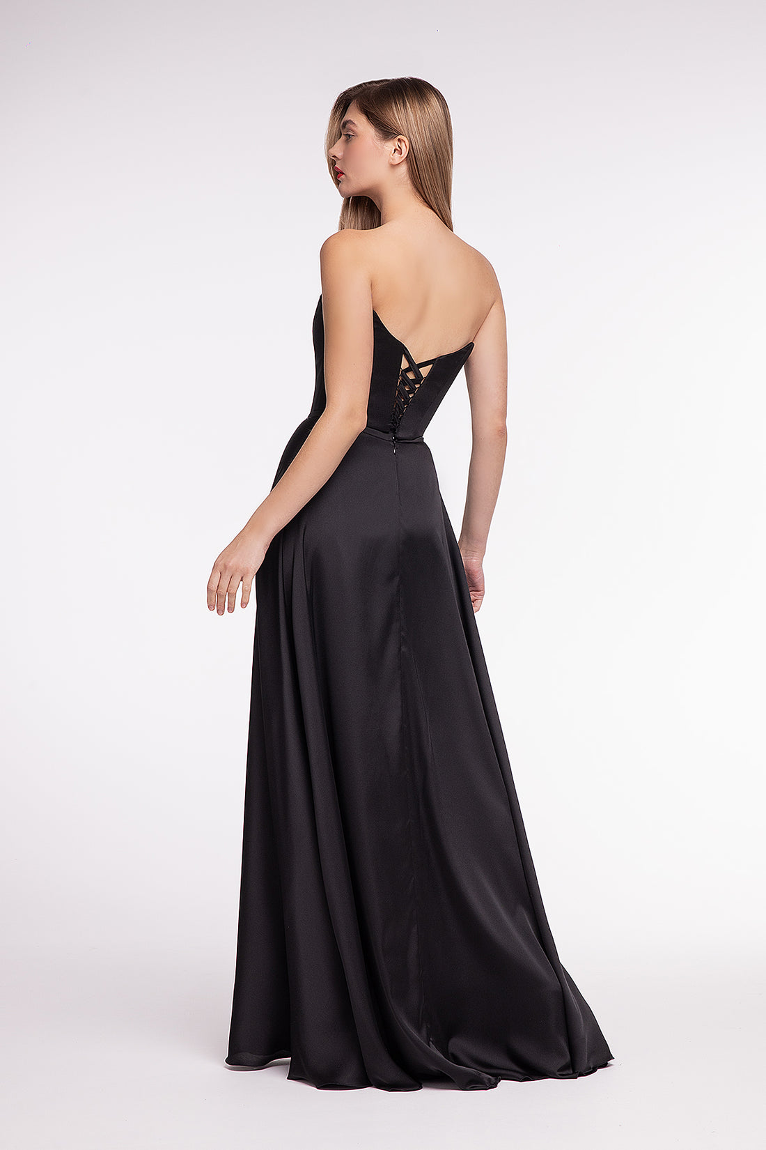 Strapless Black Satin Corset Gown with Silk Skirt Madeleine