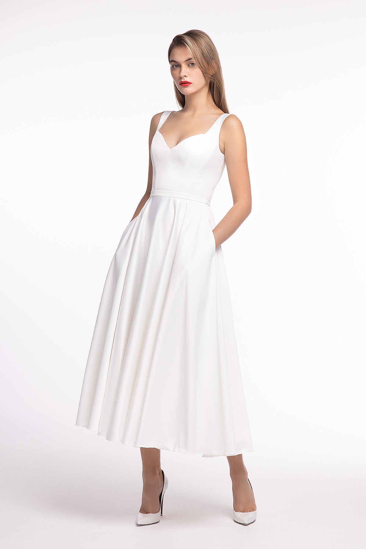 Satin Midi A-line Wedding Dress Noella 14 US (46 EU) / Ivory