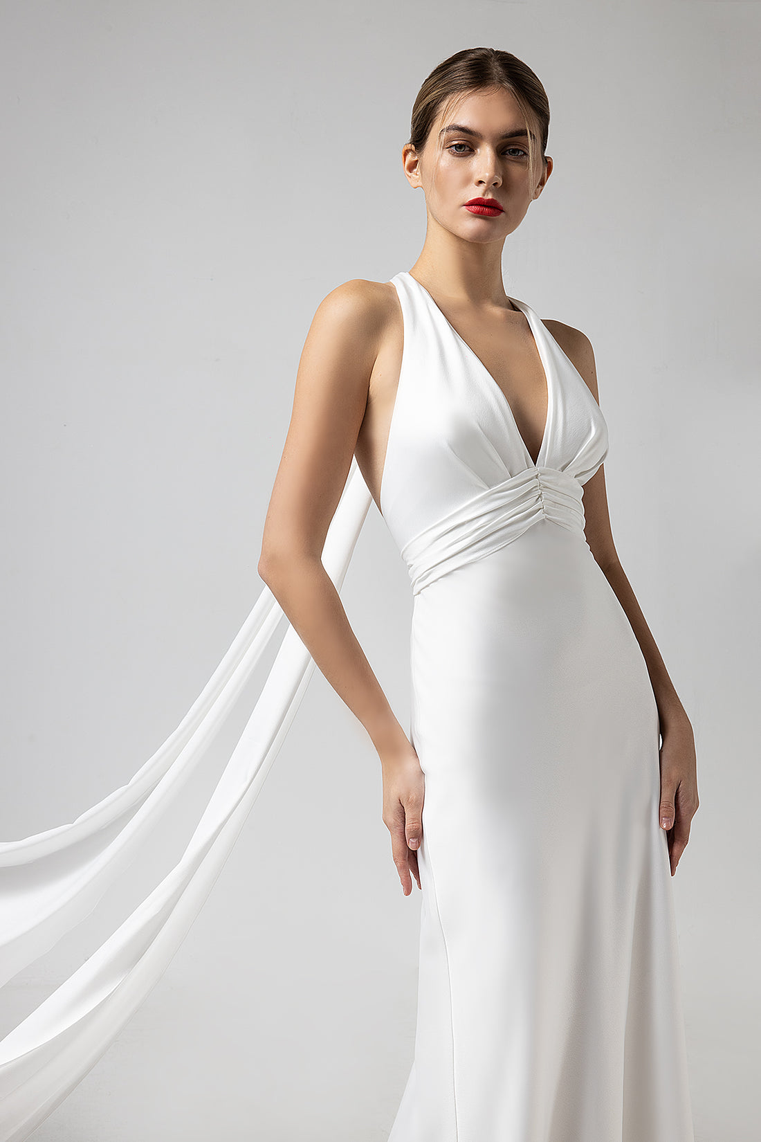 Pure Silk Empire Waist Wedding Dress | V-Neck Bridal Gown with Train - Athena