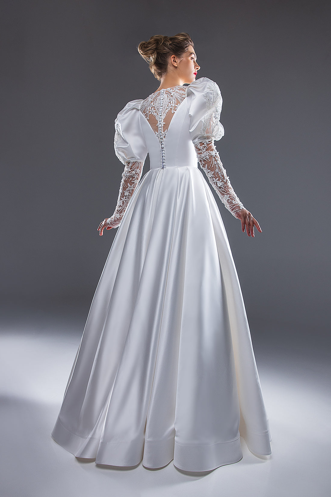 Satin Corset Royal Bridal Gown With Long Puff Sleeves Arabella