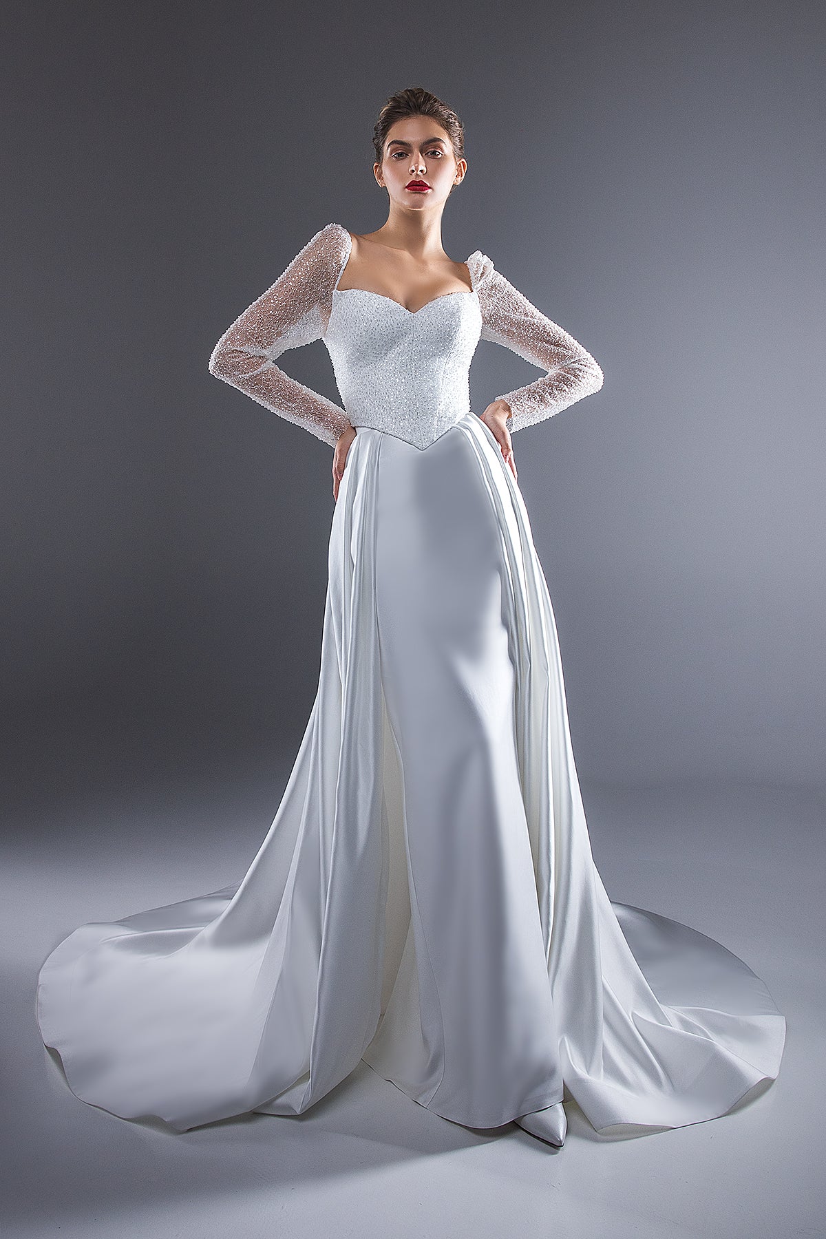 Modern Convertible Wedding Dress With Detachable Train Charlotte 8 US (40 EU) / Ivory