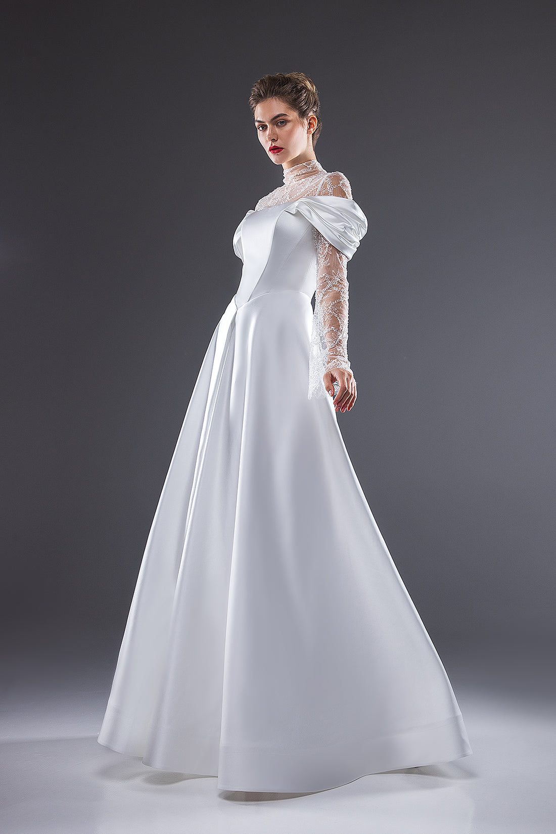 Classy Drop Waist Wedding Dress With Long Lace Sleeves Alberta