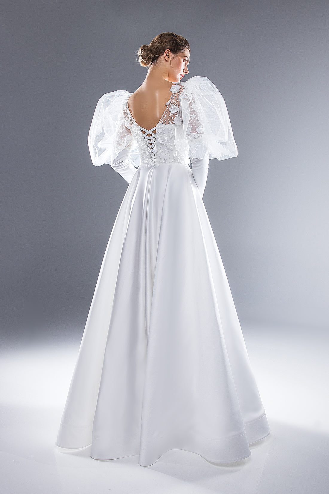 Satin Wedding Dress with Long Puff Sleeves Lucelia