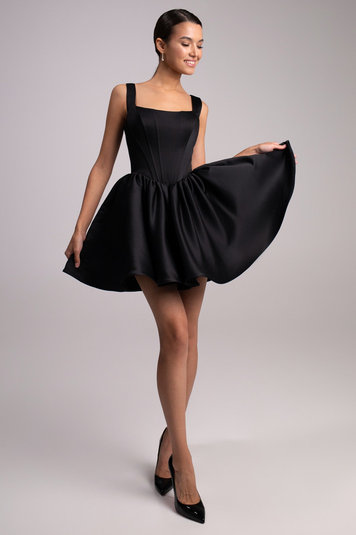 black basque waist dress Short Satin Tutu Evening Dress With Basque Waist And Square Neck Casia Made to Order / Black / Custom (0-12 US, 32-44 EU)
