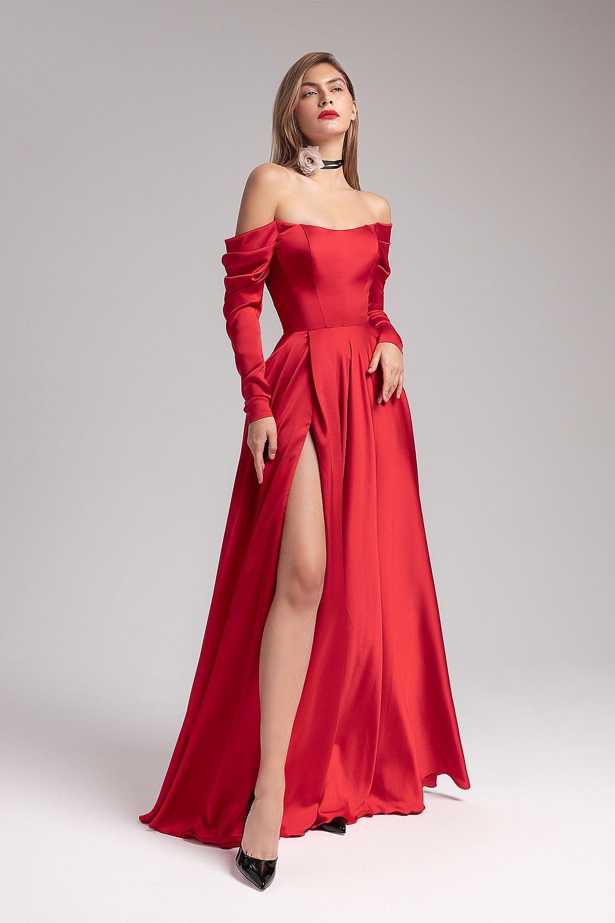 Off-Shoulder Red Maxi Evening Long Sleeve Gown Tiana Custom (0-12 US, 32-44 EU) / Red