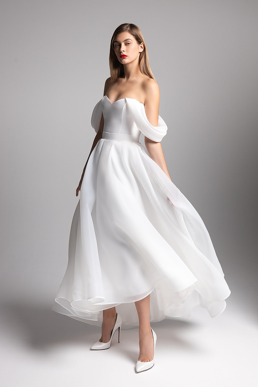 Romantic White Off-The-Shoulder Midi Dress Romilda