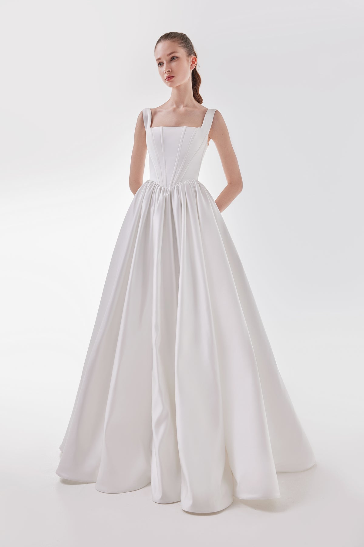 Satin Wedding Dress with Basque Waist and Square Neck Casia Custom (0-12 US, 32-44 EU) / Ivory Satin Wedding Dress with Basque Waist and Square Neck Casia Custom (0-12 US, 32-44 EU) / Ivory