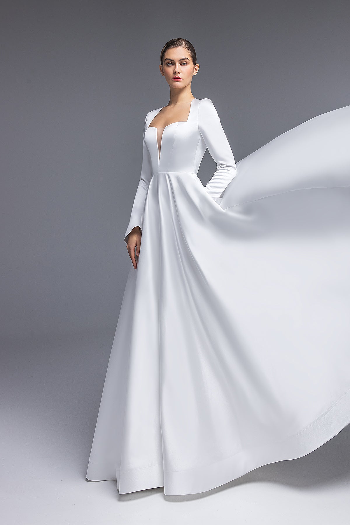 satin long sleeve dress wedding Beautiful White Satin Long Wedding Dress with Floral Lace Sleeves