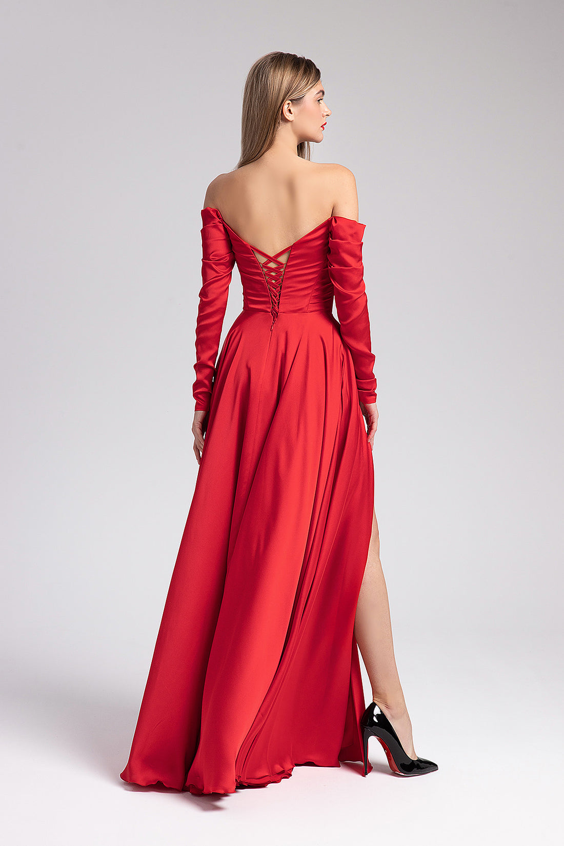 Off-Shoulder Red Maxi Evening Long Sleeve Gown Tiana